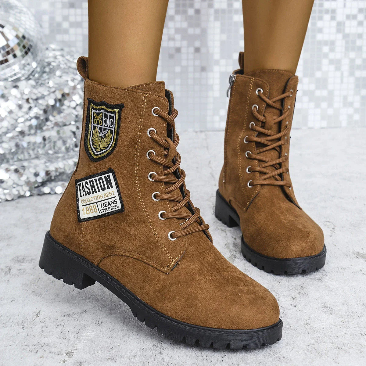 Stylish lace-up chunky heel boots with round toe design, perfect for winter wear