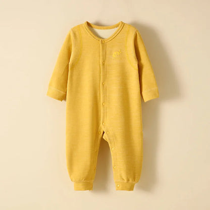 Baby plus velvet warm jumpsuit in polyester, long sleeve, single-breasted, available in six colours and five heights.