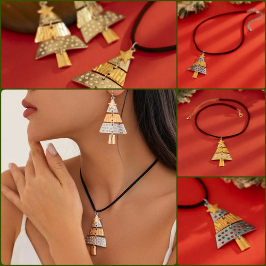 Christmas Tree Necklace and Earrings Set with five-pointed star design in mixed colours