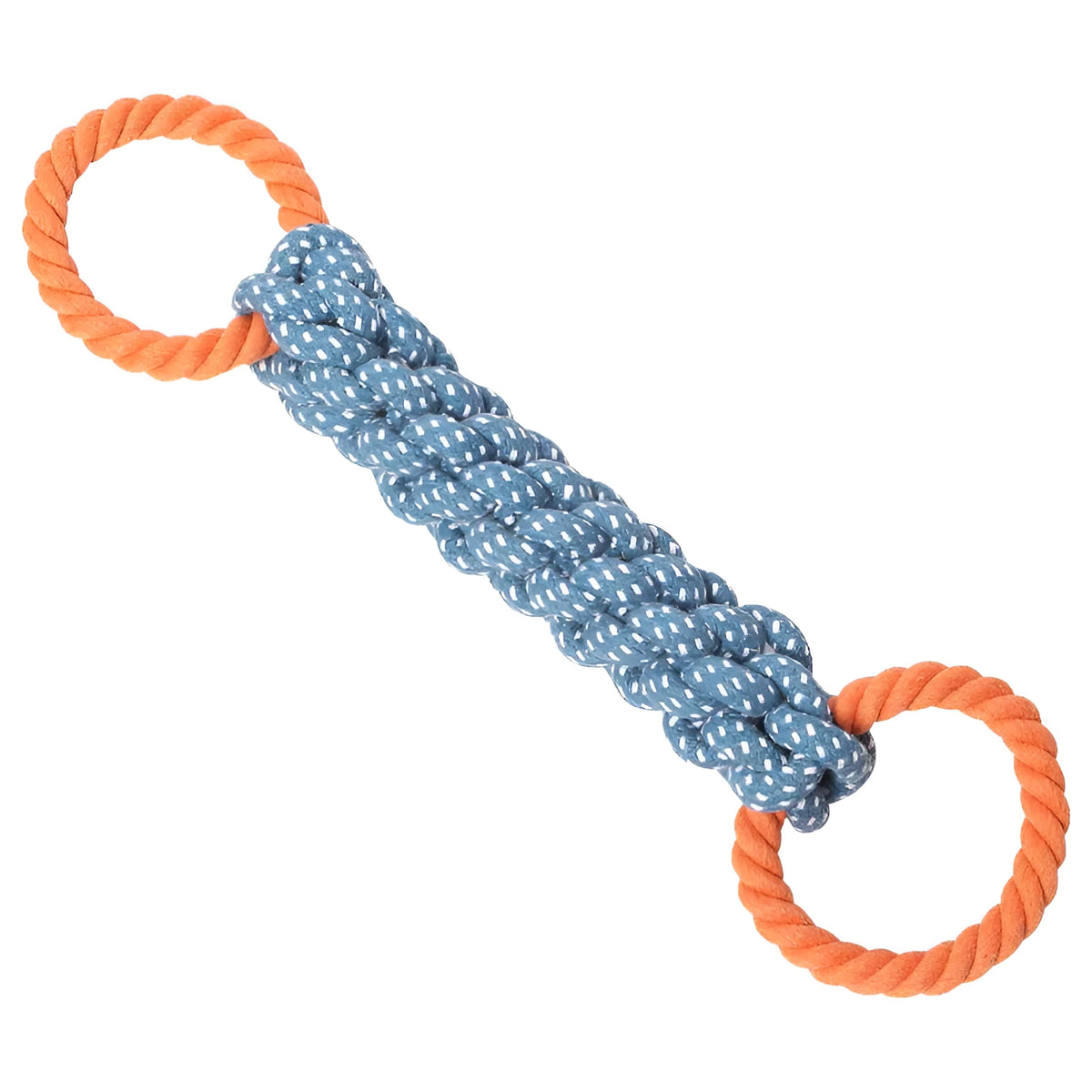 Blue braided bone-shaped cotton rope dog toy with two end rings on a white background.