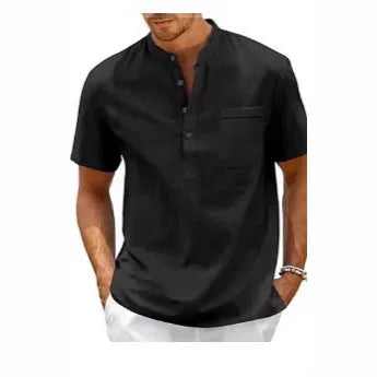 Men's solid colour short sleeve polo shirt with stand collar and loose fit, bird eye cloth, summer top.
