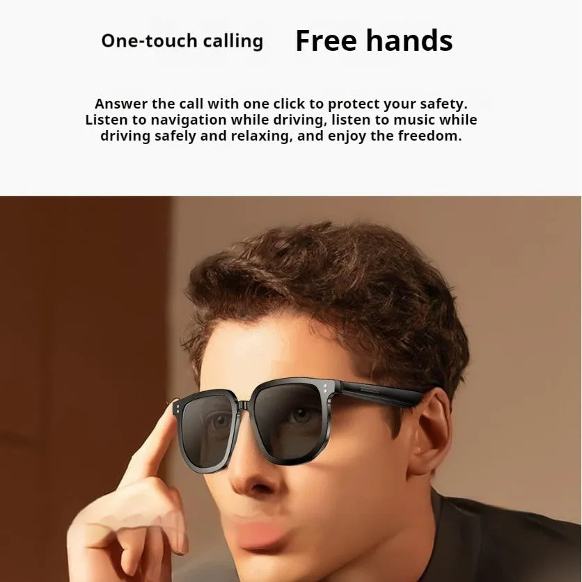 Black AI smart glasses with Bluetooth audio, touch controls on temple, and UV-protective lenses.