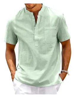 Men's solid colour short sleeve polo shirt with stand collar and loose fit, bird eye cloth, summer top.