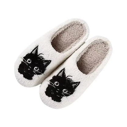 White plush Black Beard Cat cartoon couple slippers with a non-slip TPR sole.