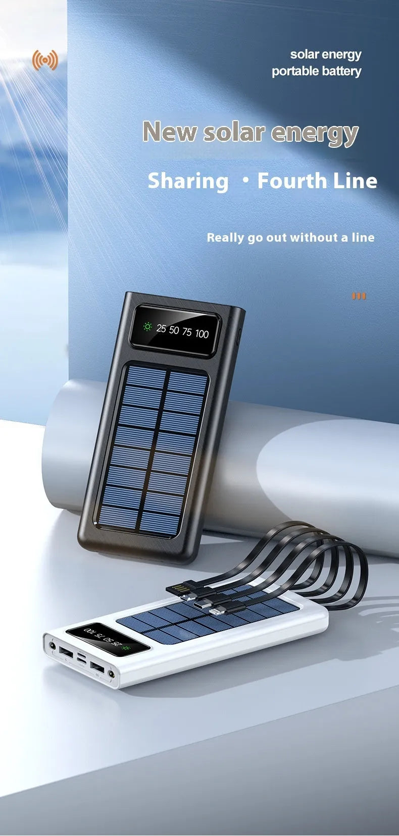 Black solar power bank with built-in charging cable showing solar panel and 20000mAh capacity label