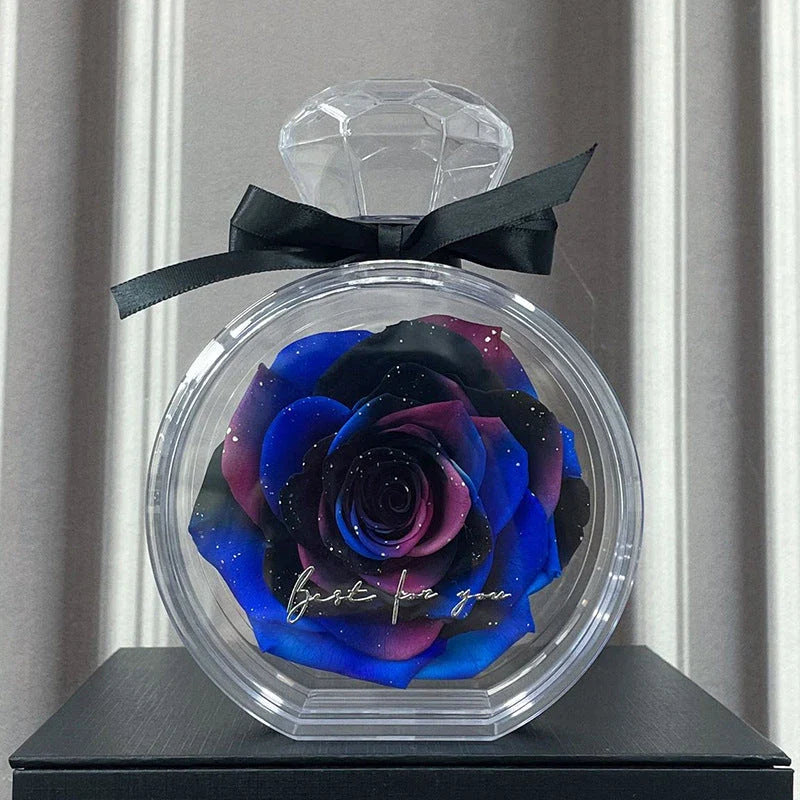 Preserved dried rose floral ornaments in a transparent display, available in various colors for home decor and special occasions