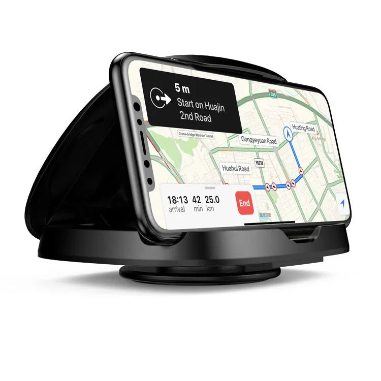 Black plastic rotating suction cup car navigator bracket mounted on a car windscreen