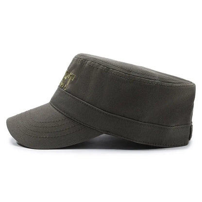 Men's adjustable cotton flat-top peaked cap in army green with dome crown and English letter detailing