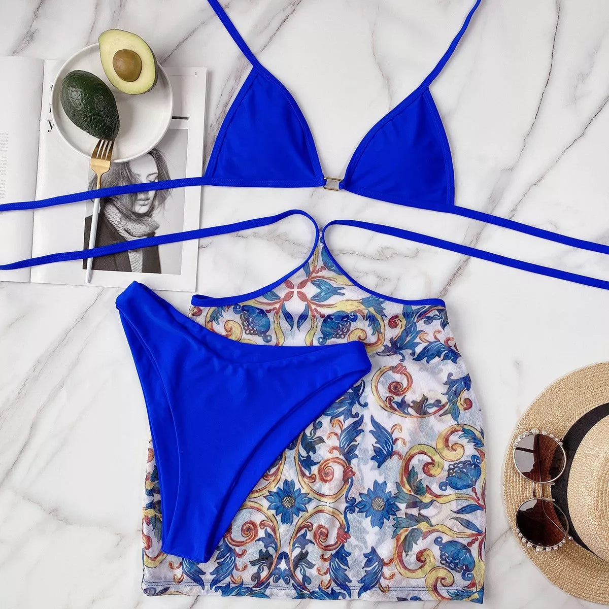 Summer Beach Bikini 3 Piece Set in blue with triangle style and chest pad