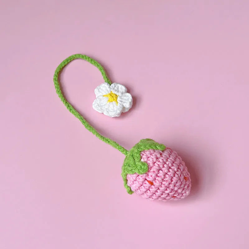 Handmade knitted wool crochet strawberry pendant necklace on a 35cm cord.
