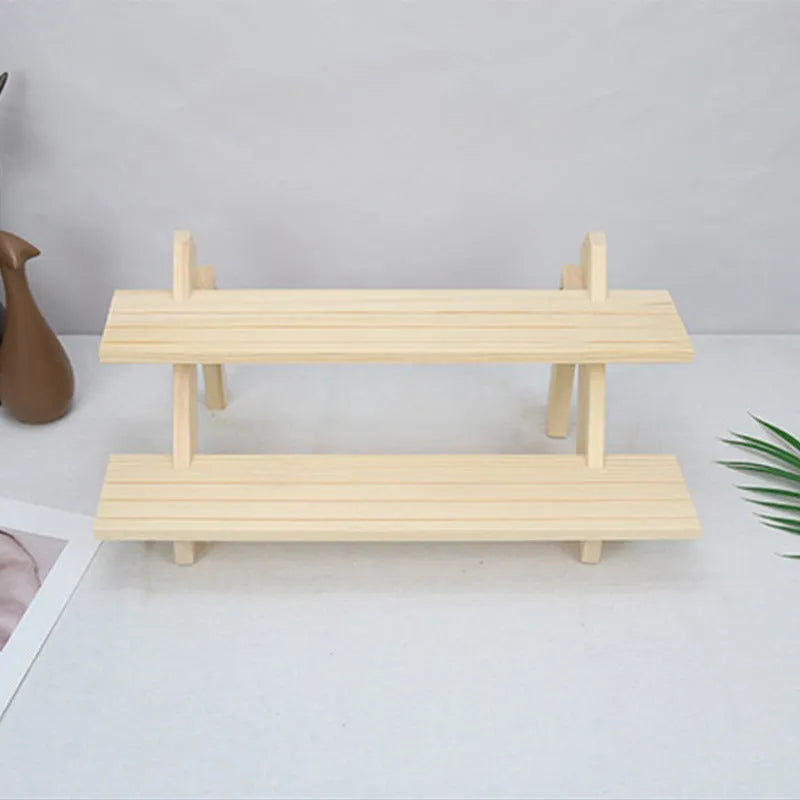 Multi-layer wooden stepped shelf in natural wood or walnut colour, shown in 2 to 5 tier floor-standing versions