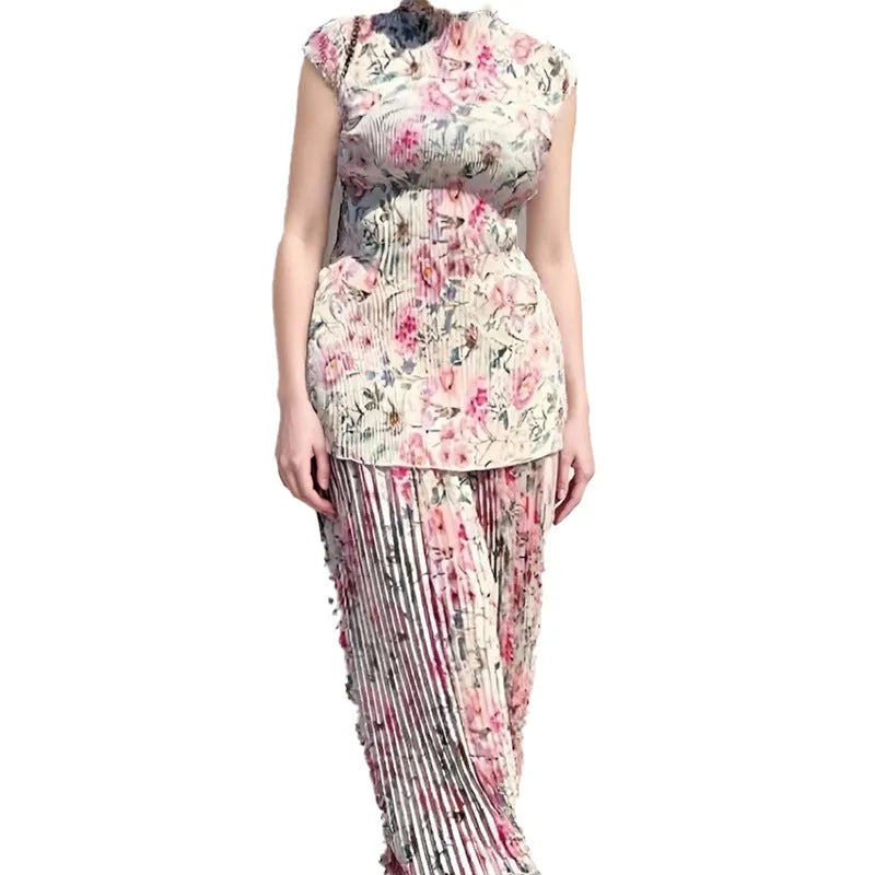 Long sleeve printed chiffon dress with high waist, two-piece set including skirt and top, in picture colour