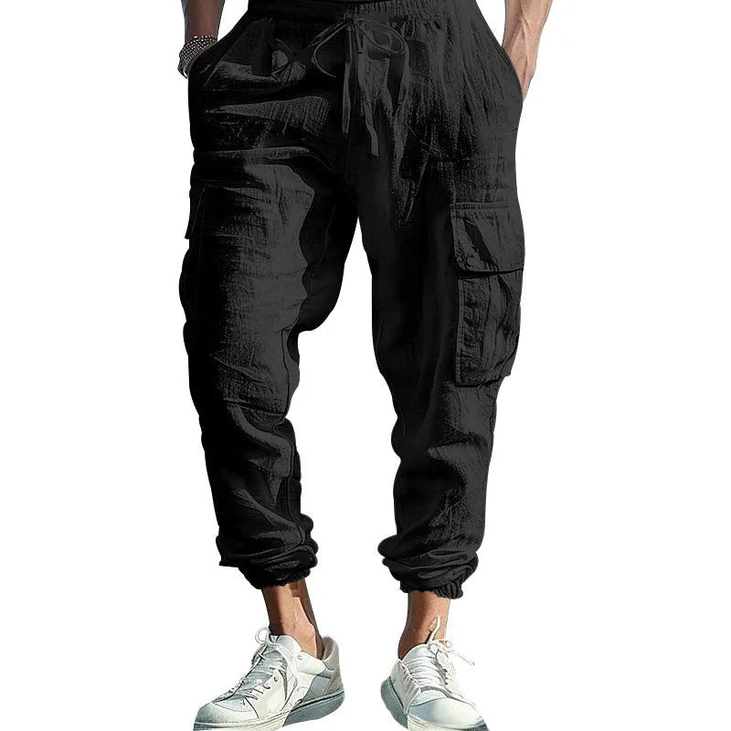 Men's linen casual trousers with adjustable ankle ties and four pockets in khaki colour