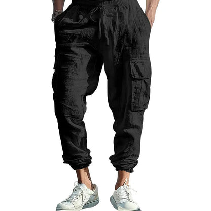Men's linen casual trousers with adjustable ankle ties and four pockets in khaki colour