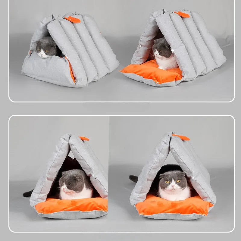 Blue triangular cat bed with drilled connectors and removable cotton cover