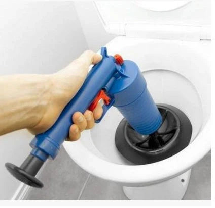High-powered air pressure drain blaster gun with four different size adapters for clearing clogged pipes, sinks, bathtubs, and floor drains