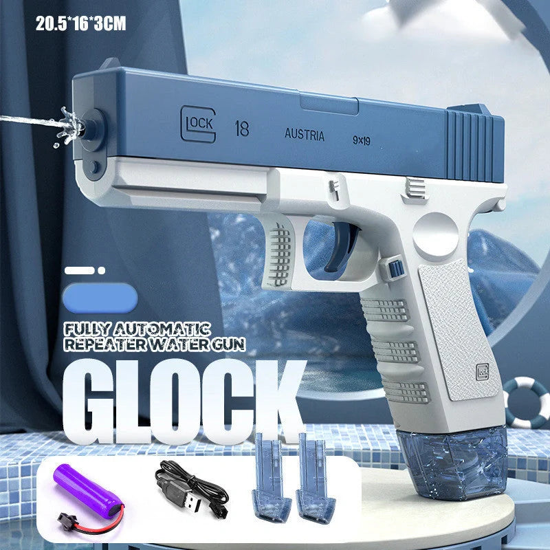 Electric Space Water Gun in blue and pink with USB charging cable