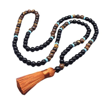 Black agate and tiger's eye bracelet and necklace set with geometric carved tiger pendant