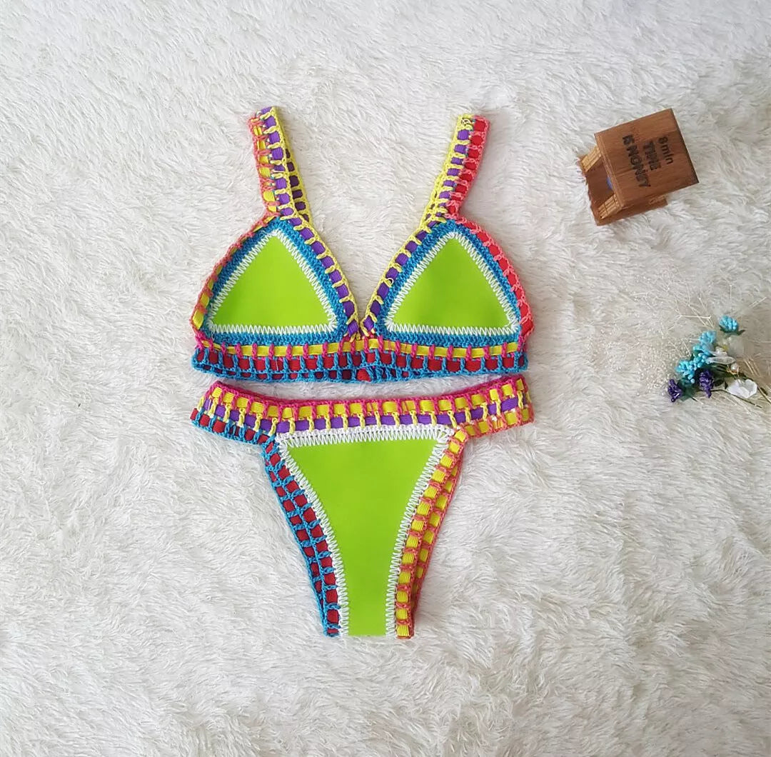 Hand crochet colourful bikini set with spell colour rubber detailing, available in multiple sizes and colours.