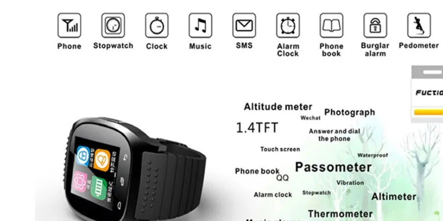 Bluetooth sports watch in white, blue, or black compatible with Apple iPhone and Android smartphones