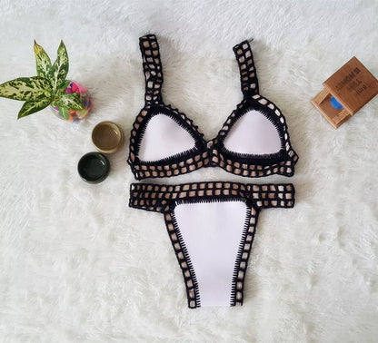 Hand crochet colourful bikini set with spell colour rubber detailing, available in multiple sizes and colours.