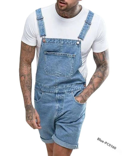 Youth denim suspenders shorts in straight-leg short length, shown in blue, with a mid-waist fit and zipper fly.