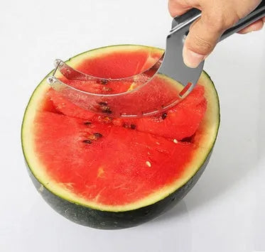 Silver stainless steel melon cutter for slicing watermelon and other large fruits.