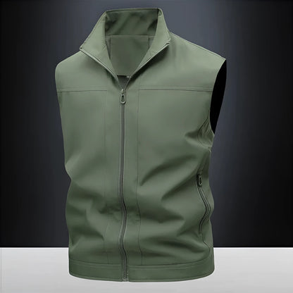 Men's stand-up collar casual shirt in army green colour with loose fit styling for workwear and leisure
