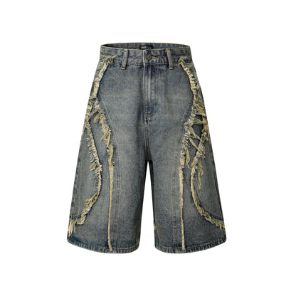 American Pu Shuai distressed denim shorts with raw-edge hem in light blue, shown on a model.