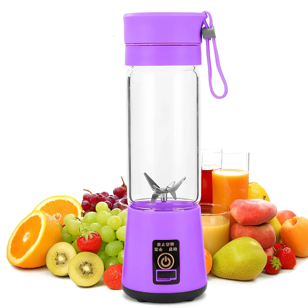 Portable USB rechargeable blender in blue with stainless steel blades, measuring 20 cm tall, for making smoothies.