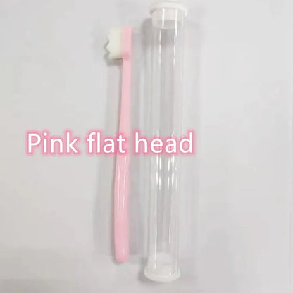 Micron soft toothbrush with coloured handles and different bristle styles including flat head and wavy designs