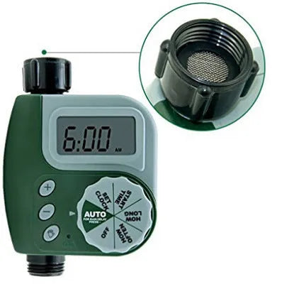 Green digital garden hose timer with large display shown connected to an outdoor tap.