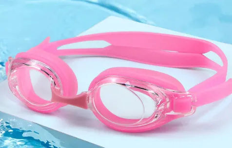 HD waterproof non-fogging swimming goggles in black, available in plain or myopia corrective versions with a case.
