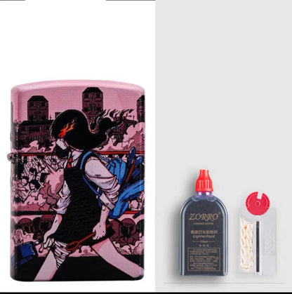 Windproof kerosene lighter with grinding wheel, pure copper case, shown with artistic design options.