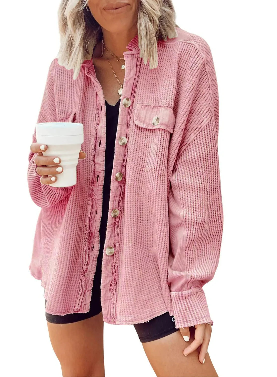 Women's lapel long sleeve button shirt jacket in various colours
