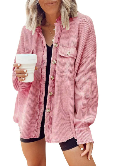 Women's lapel long sleeve button shirt jacket in various colours