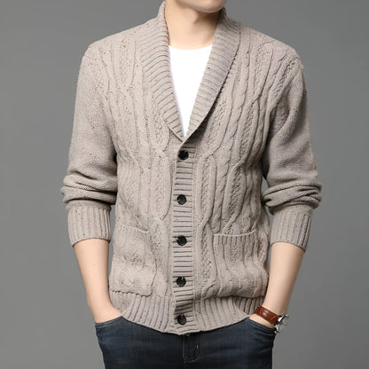 Men's thickened jacquard knitted cardigan, warm autumn winter outerwear for youth in multiple sizes and neutral colours