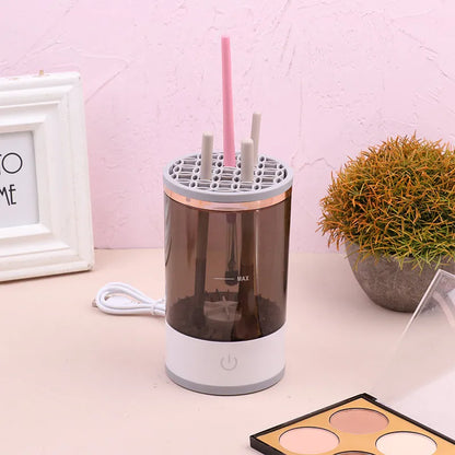 Grey and white portable electric makeup brush cleaner machine with USB charging cable