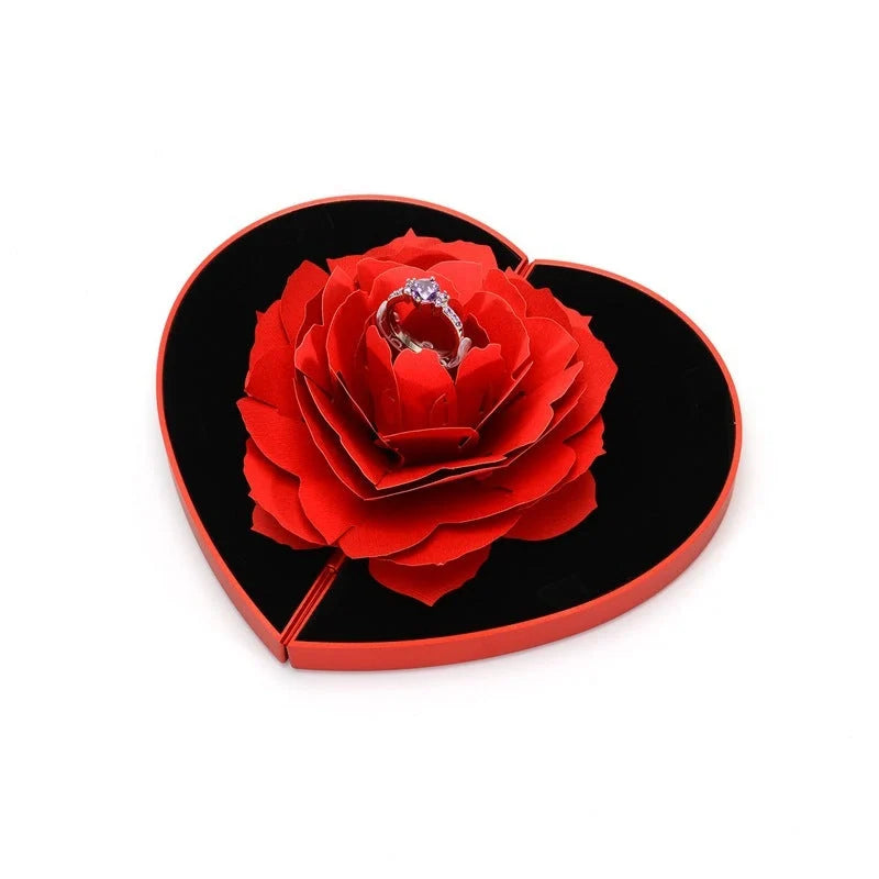 Heart-shaped 3D Love Box with rotating rose flower for ring display in red and pink