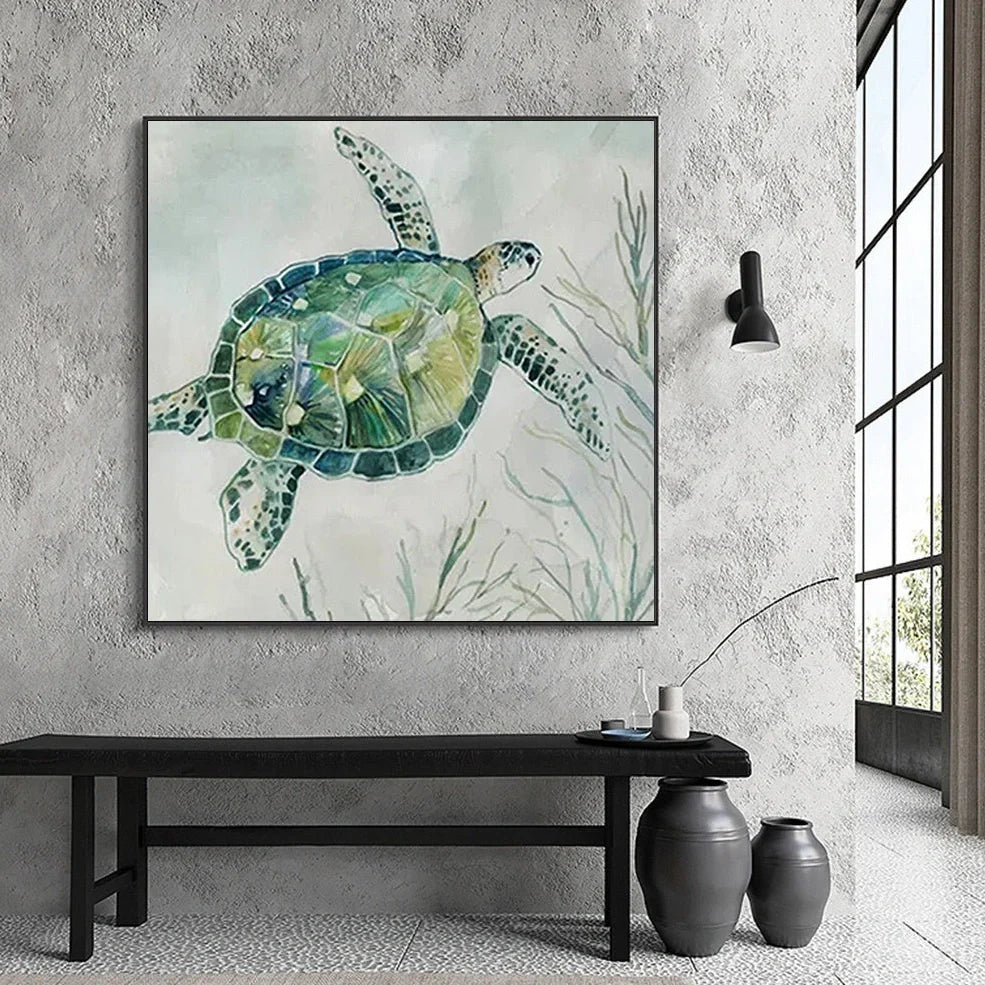 Frameless turtle canvas printing poster in 40x40cm square size with detailed picture colours