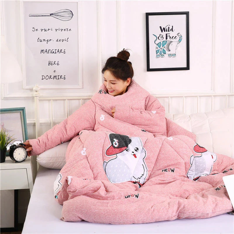 Cozy heated blanket with sleeves for comfortable lounging and hands-free relaxation