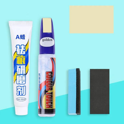 Automotive paint repair pen kit with touch-up fluid, wax, sponge, and sandpaper for car scratch repair