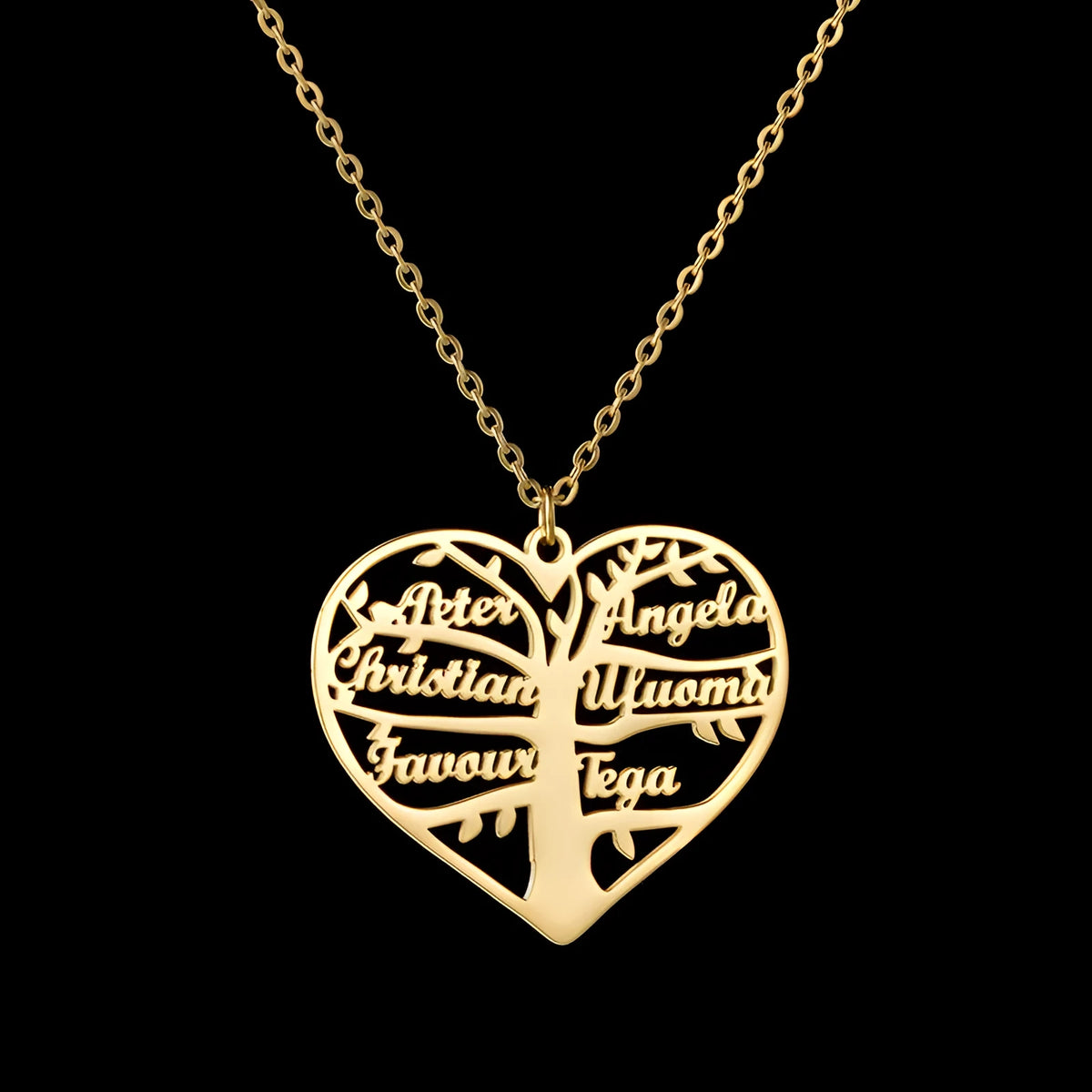 Personalised heart tree necklace with custom name engraving in titanium steel