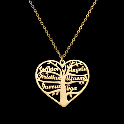 Personalised heart tree necklace with custom name engraving in titanium steel