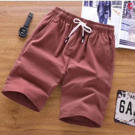 Men's thin cotton summer shorts in middle-waist fit with lace-up placket front