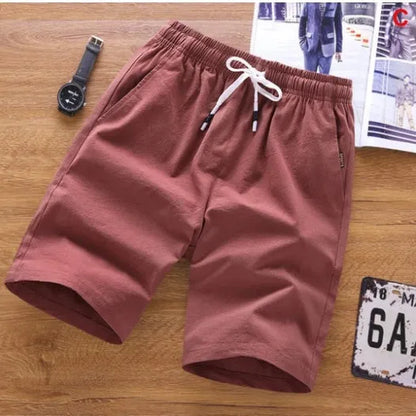 Men's thin cotton summer shorts in middle-waist fit with lace-up placket front