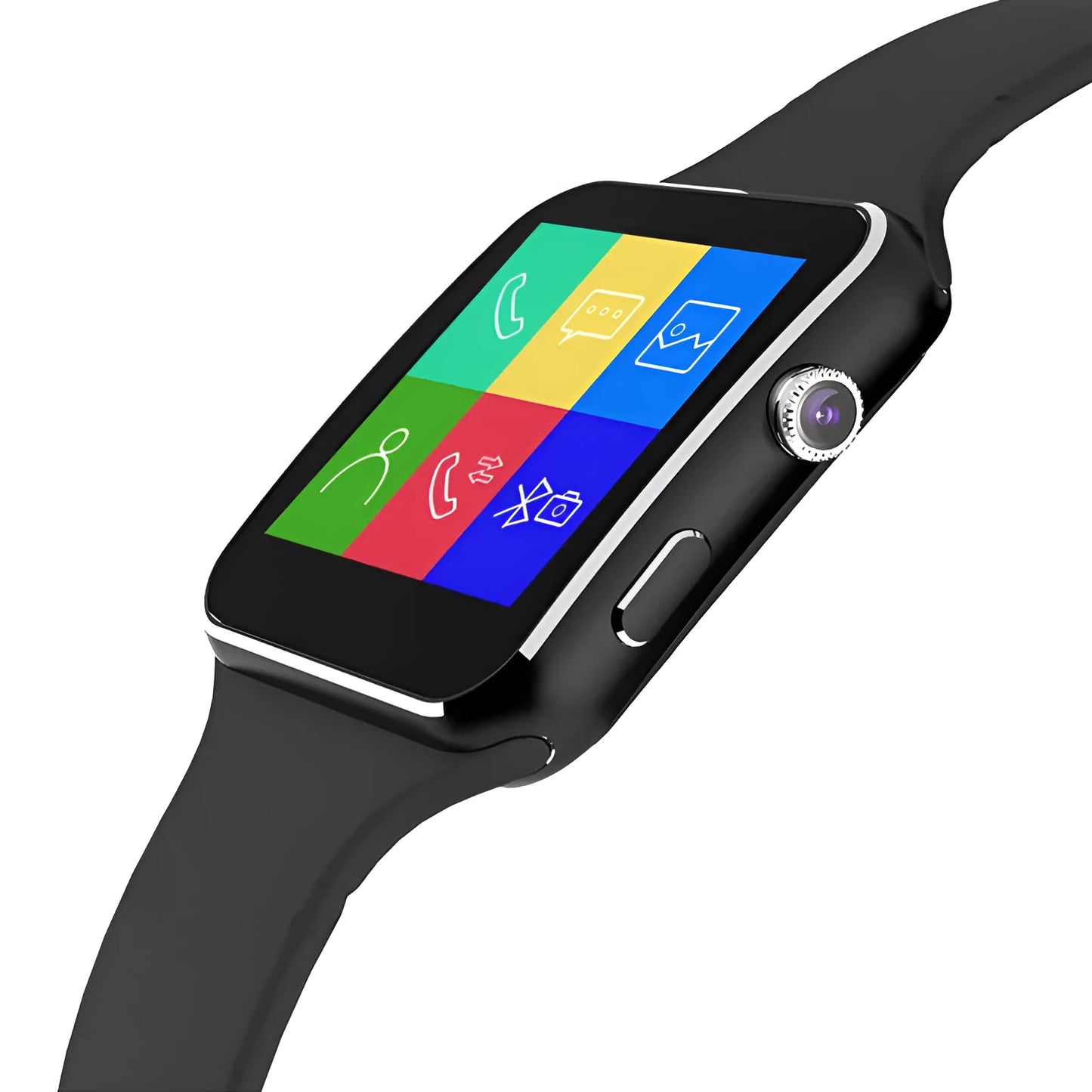 Black smart watch with 1.54-inch touchscreen display and silicone strap on a wrist