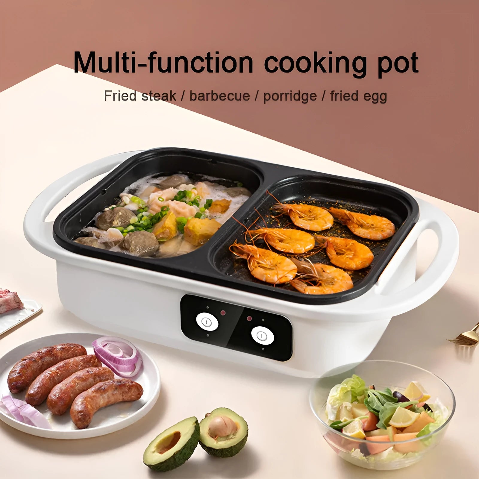 White or green household electric hot pot with 1300W power and dual cooking functions