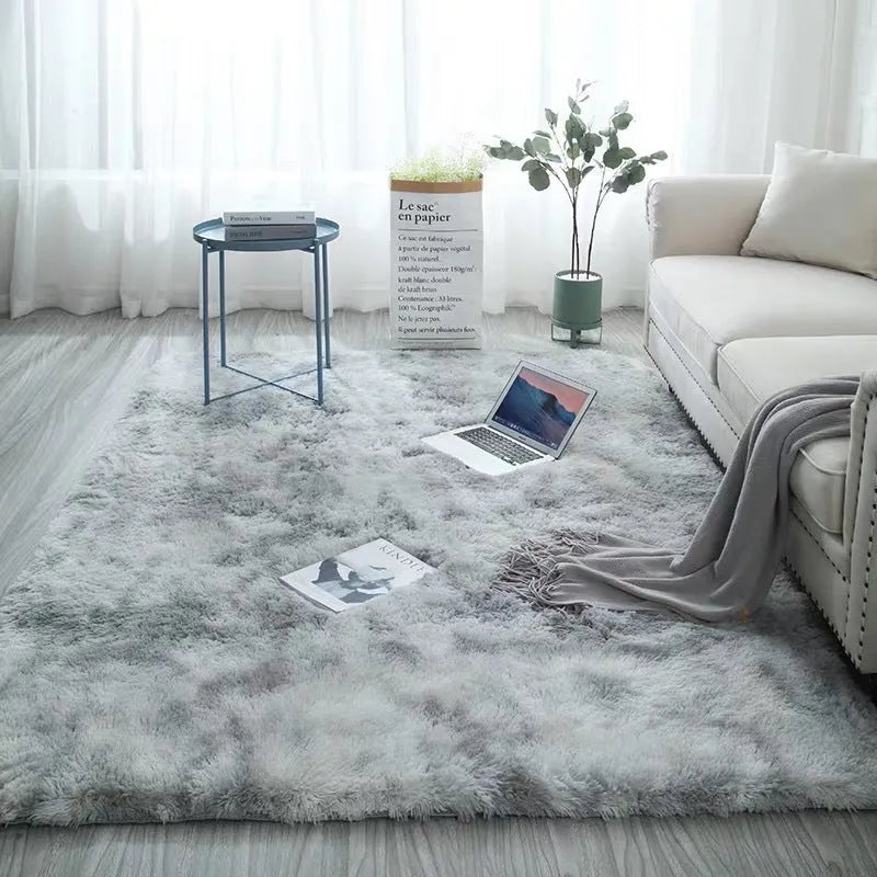 Long pile tie-dyed gradient polyester carpet showing abstract colour transition