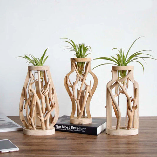 Handcrafted wooden vase with glass container for hydroponic floral displays and home decor